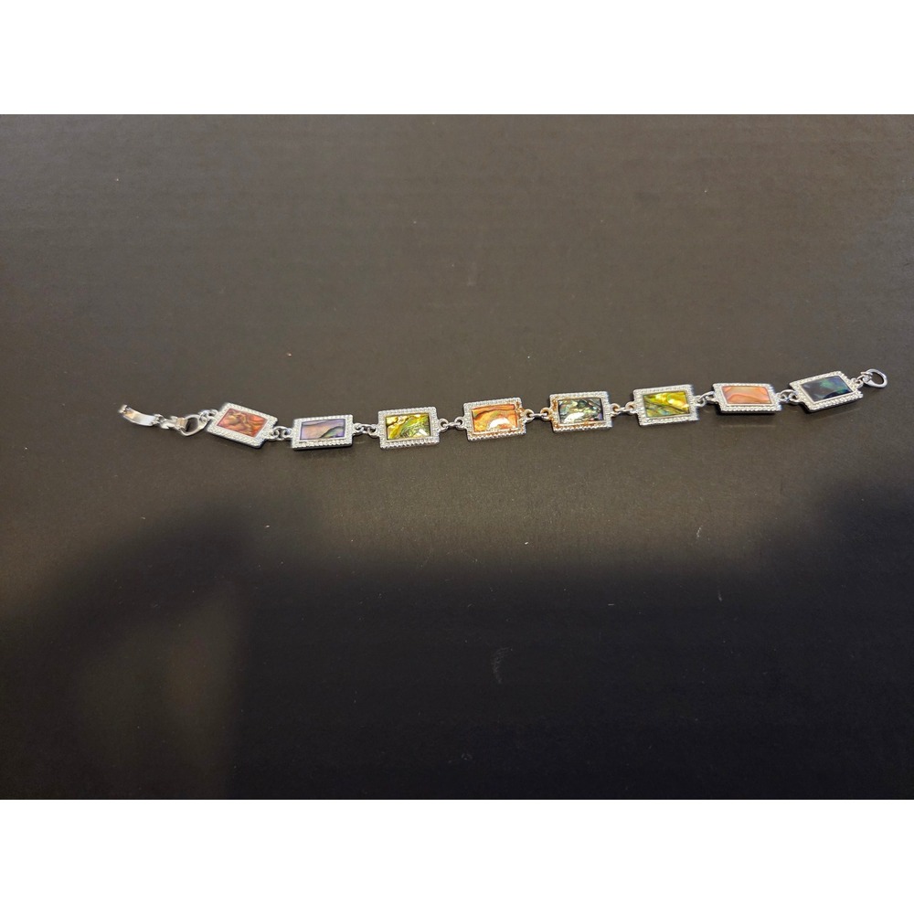 Vintage Silver Tone Abalone Shell Inlay Rectangle Link Bracelet Iridescent Boho